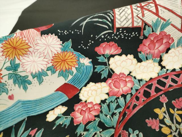 平和屋着物●塩瀬 九寸名古屋帯 手描き 風景文 黒地 正絹 逸品 AABL2475pf