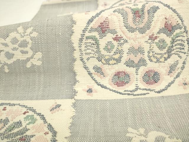 平和屋着物●八寸名古屋帯 紬地 花鳥丸文 正絹 逸品 AABL2482pf