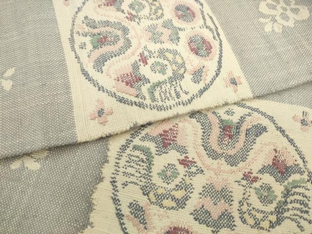 平和屋着物●八寸名古屋帯 紬地 花鳥丸文 正絹 逸品 AABL2482pf