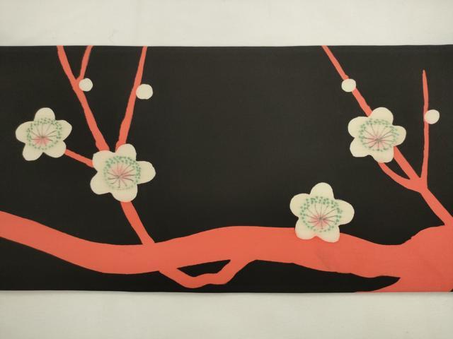 平和屋着物●塩瀬 九寸名古屋帯 枝桜 黒地 正絹 逸品 AABL2485pf