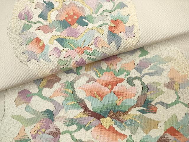 平和屋着物●爪掻き本綴れ 八寸名古屋帯 草花文 金銀糸 正絹 逸品 AABL2494pf