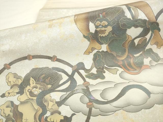 平和屋着物●伝統工芸士 白井功 太鼓柄袋帯 螺鈿箔 風神雷神 きぬはく 正絹 逸品 AABL2506pf