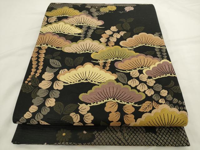 平和屋着物●六通柄袋帯 唐織 松文 黒地 正絹 逸品 AABL2509pf