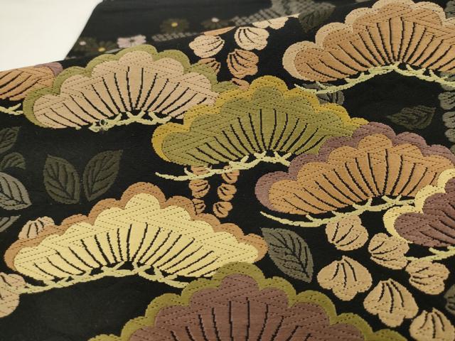平和屋着物●六通柄袋帯 唐織 松文 黒地 正絹 逸品 AABL2509pf