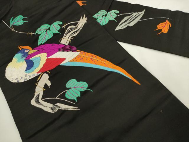 平和屋着物●アンティーク 大正ロマン 九寸名古屋帯 総手刺繍 休み鳥 黒地 正絹 逸品 AABL2514pf