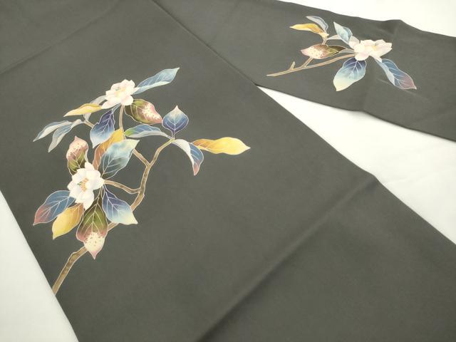 平和屋着物●塩瀬 九寸名古屋帯 友禅 枝花文 五泉 反端付き 正絹 逸品 AABL2520pf