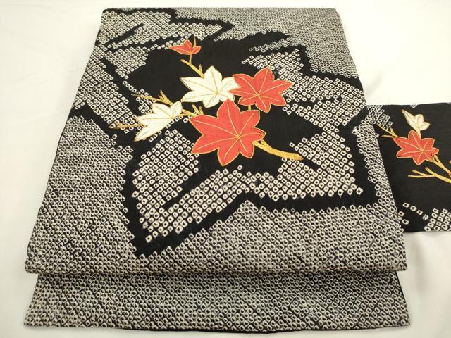 平和屋着物●九寸名古屋帯 絞り 駒刺繍 枝葉文 黒地 正絹 逸品 AABL2546pf
