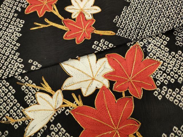 平和屋着物●九寸名古屋帯 絞り 駒刺繍 枝葉文 黒地 正絹 逸品 AABL2546pf