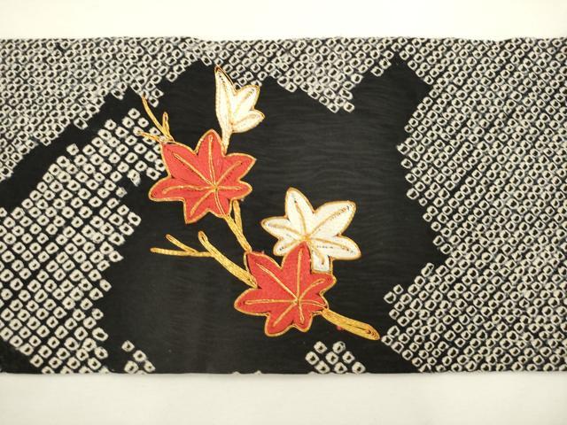 平和屋着物●九寸名古屋帯 絞り 駒刺繍 枝葉文 黒地 正絹 逸品 AABL2546pf