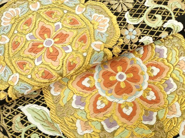 平和屋着物●西陣 服部織物謹製 六通柄袋帯 唐織 あやは錦 正倉院花文 黒地 金糸 正絹 逸品 AABL2548pf