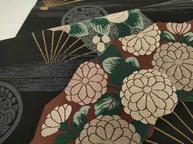 平和屋着物●両面六通柄袋帯 作家物 扇面草花文 黒地 金糸 正絹 逸品 AABL2574pf