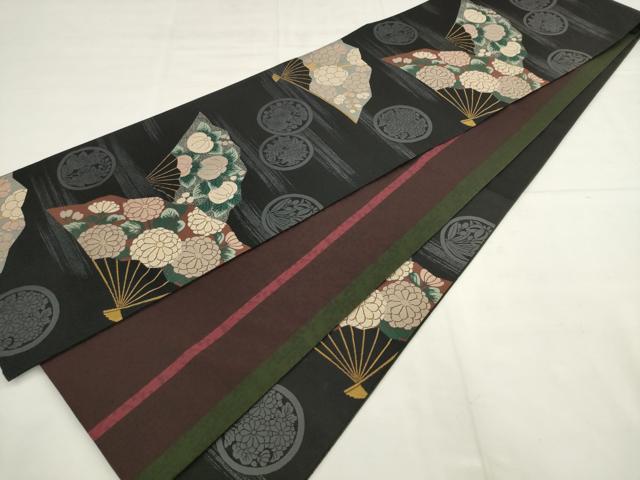 平和屋着物●両面六通柄袋帯 作家物 扇面草花文 黒地 金糸 正絹 逸品 AABL2574pf