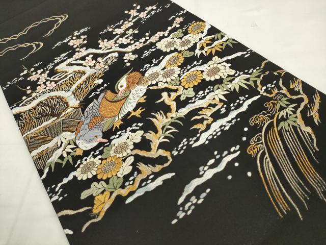 平和屋着物●六通柄袋帯 唐織 雪壽鴛鴦図 黒地 金糸 正絹 逸品 AABL2589pf