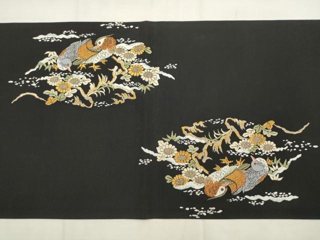平和屋着物●六通柄袋帯 唐織 雪壽鴛鴦図 黒地 金糸 正絹 逸品 AABL2589pf