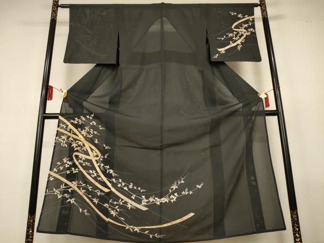 平和屋着物*夏物 訪問着 絽 熨斗花文 黒地 金彩 正絹 逸品 AABL2609jd