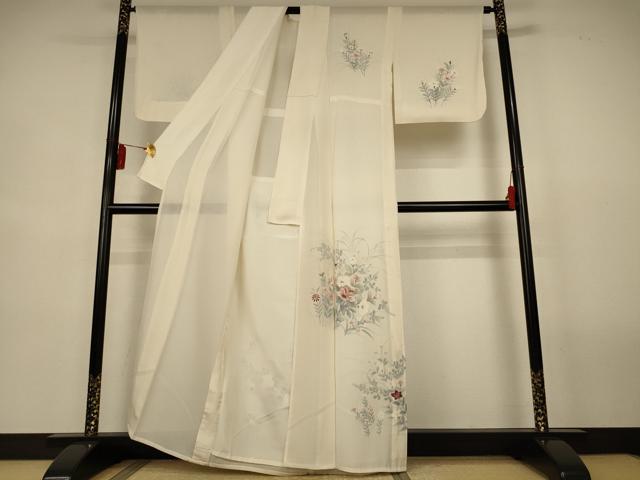 平和屋着物*夏物 訪問着 絽 手描き 刺繍 草花文 正絹 逸品 AABL2684jd