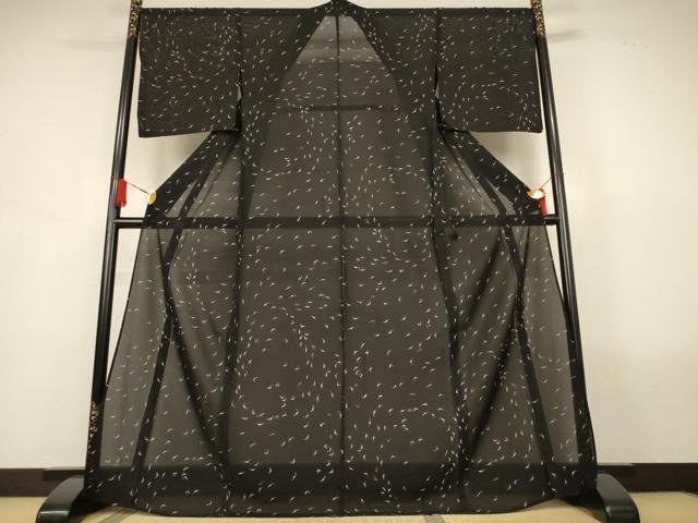 平和屋着物*夏物 小紋 絽 葉 燕 黒地 金彩 洗える着物 AABL2766jd