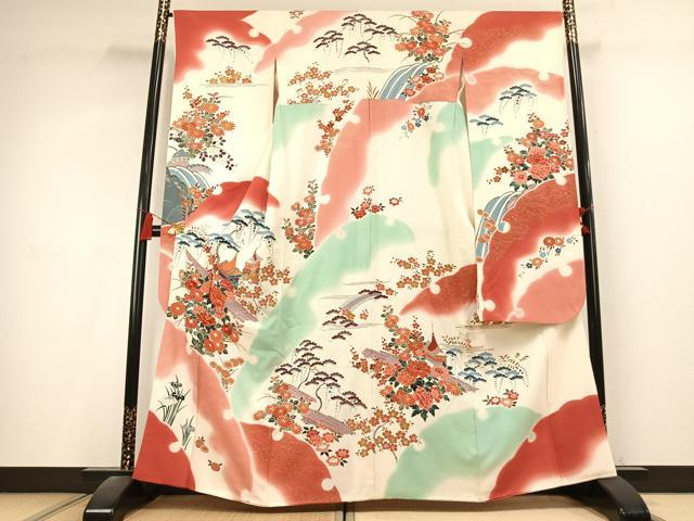 平和屋着物●豪華振袖 駒刺繍 風景花文 暈し染め 金彩 正絹 逸品 AABL2810fy