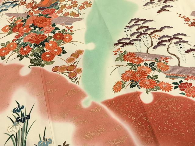 平和屋着物●豪華振袖 駒刺繍 風景花文 暈し染め 金彩 正絹 逸品 AABL2810fy