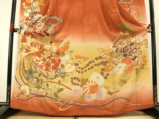 平和屋本店●アンティーク 大正ロマン 振袖 駒刺繍 草花文 暈し染め 金糸 正絹 逸品 AABL2812fy