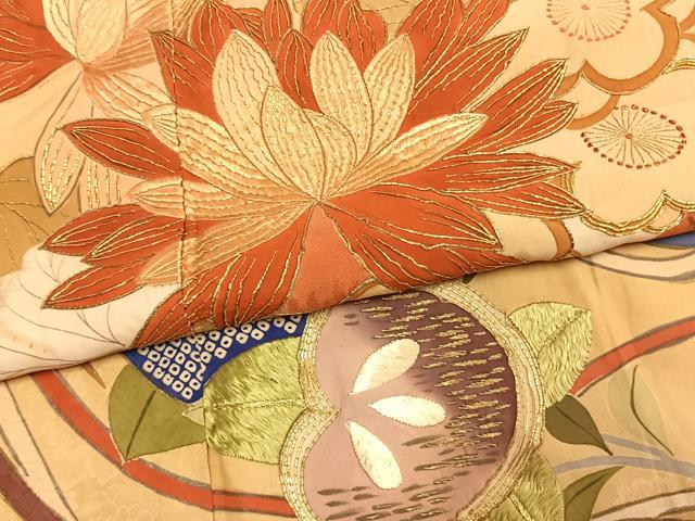 平和屋本店●アンティーク 大正ロマン 振袖 駒刺繍 草花文 暈し染め 金糸 正絹 逸品 AABL2812fy