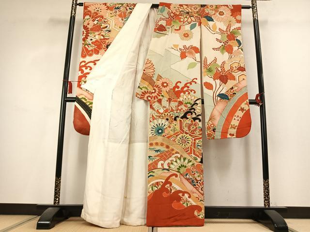 平和屋本店●アンティーク 大正ロマン 振袖 刺繍 草花文 金糸 金彩 正絹 逸品 AABL2813fy