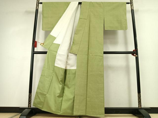平和屋着物●結城紬 色無地 抹茶色 正絹 逸品 AABL2832fy