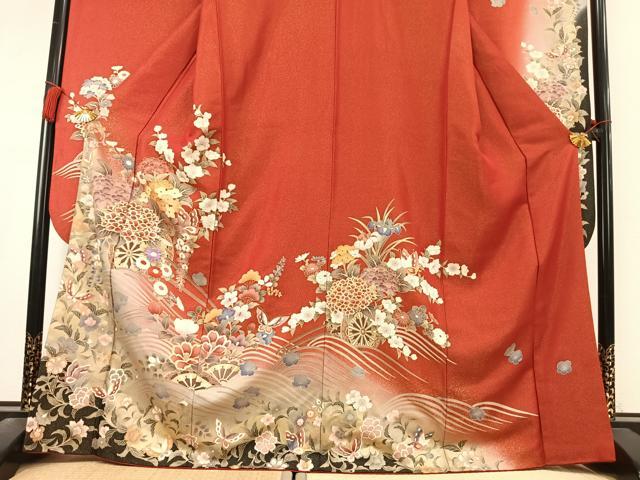 平和屋着物●豪華振袖 刺繍 片輪車花蝶文 暈し染め 金糸 金銀彩 金通し地 正絹 逸品 AABL2839fy