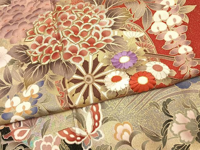 平和屋着物●豪華振袖 刺繍 片輪車花蝶文 暈し染め 金糸 金銀彩 金通し地 正絹 逸品 AABL2839fy