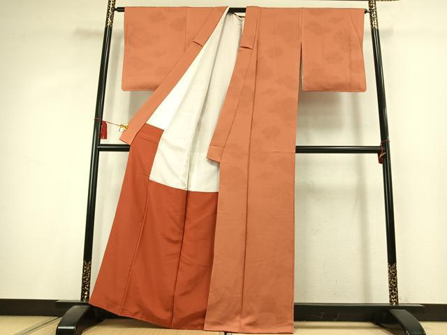 平和屋着物●上質な色無地 雲取り花蝶地紋 紅鬱金色 正絹 逸品 未使用 AABL2843fy