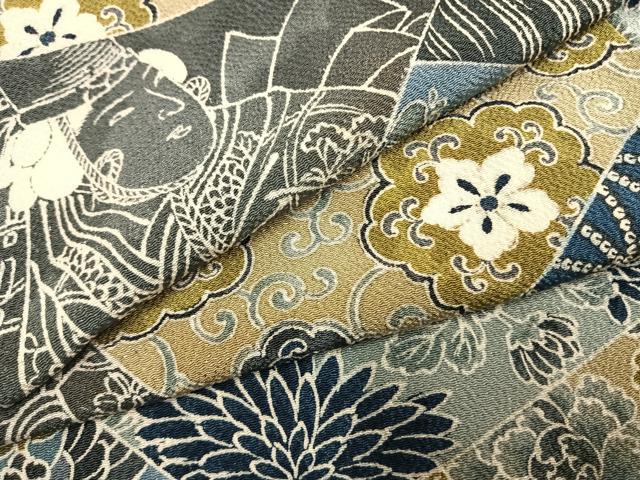 平和屋着物●上質な小紋 切嵌人物花文 鬼しぼ縮緬 正絹 逸品 AABL2853fy