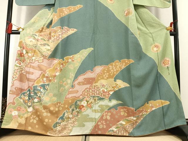 平和屋着物●京友禅の第一人者 松井青々 訪問着 絞り 駒刺繍 花鳥文 金銀彩 正絹 逸品 AABL2877fy