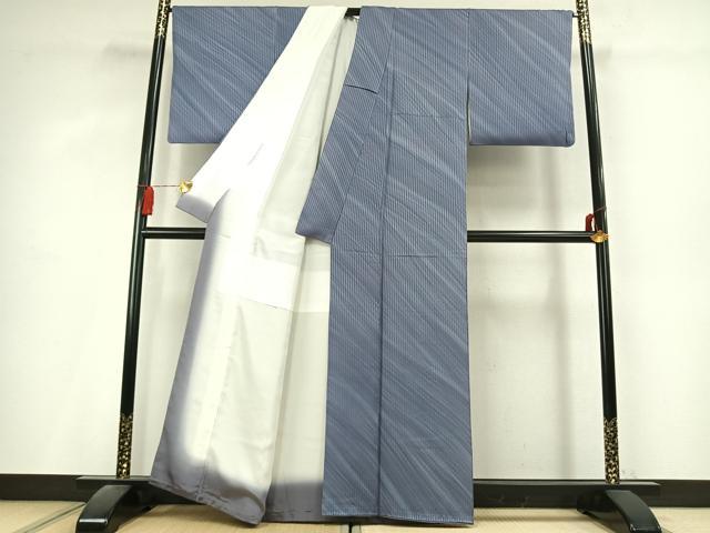 平和屋着物●染色作家 斉藤三才 小紋 斜縞 丹後ちりめん 反端付き 正絹 逸品 AABL2889fy