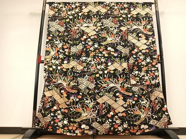 平和屋着物●豪華振袖 駒刺繍 草花文 黒地 金彩 正絹 逸品 AABL2928fy