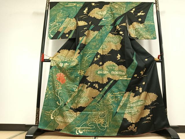平和屋着物●訪問着 駒刺繍 雲取り花文 黒地 金銀彩 やまと誂製 正絹 逸品 AABL2945fy