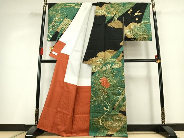 平和屋着物●訪問着 駒刺繍 雲取り花文 黒地 金銀彩 やまと誂製 正絹 逸品 AABL2945fy