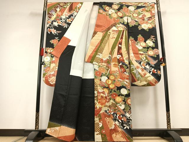 平和屋着物●豪華振袖 駒刺繍 熨斗花鳥文 暈し染め 黒地 金彩 正絹 逸品 AABL2947fy