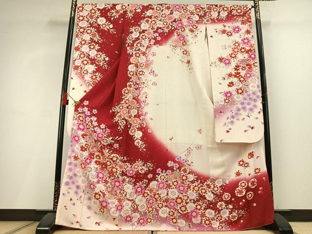 平和屋着物●豪華振袖 駒刺繍 草花鞠文 暈し染め 金彩 銀通し地 正絹 逸品 AABL2958fy