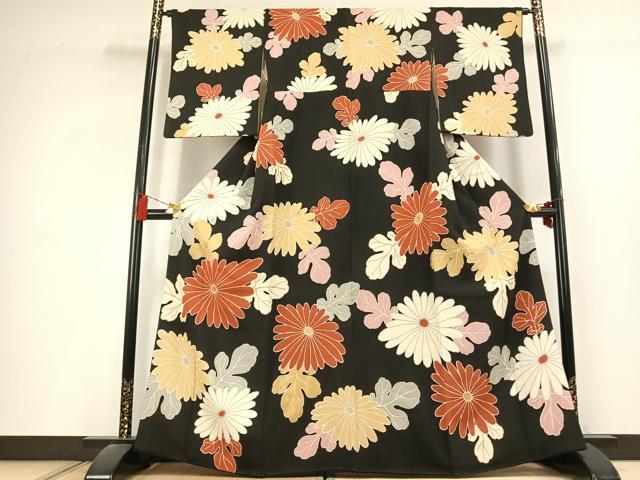 平和屋着物●訪問着 草花文 黒地 金彩 正絹 逸品 AABL2959fy