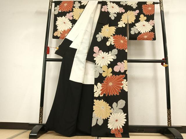 平和屋着物●訪問着 草花文 黒地 金彩 正絹 逸品 AABL2959fy