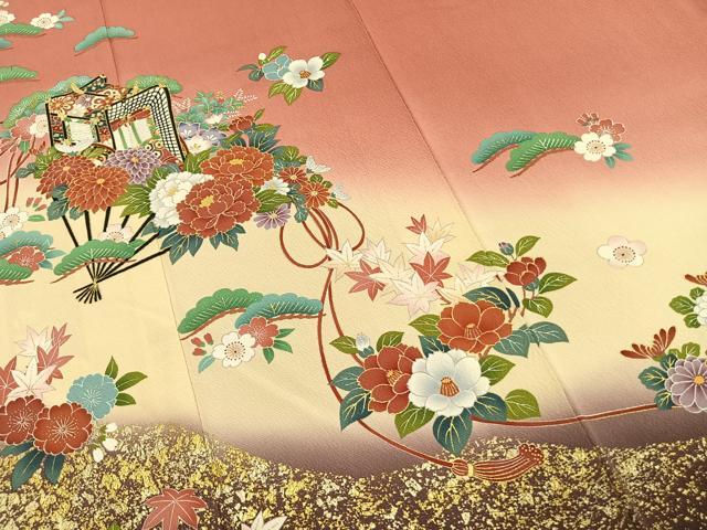 平和屋着物●豪華振袖 御所車花文 暈し染め 金彩 正絹 逸品 AABL2961fy