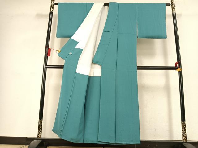 平和屋着物●上質な色無地 粋彩華 四季草木染 青緑色 反端付き 正絹 逸品 未使用 AABL2973fy