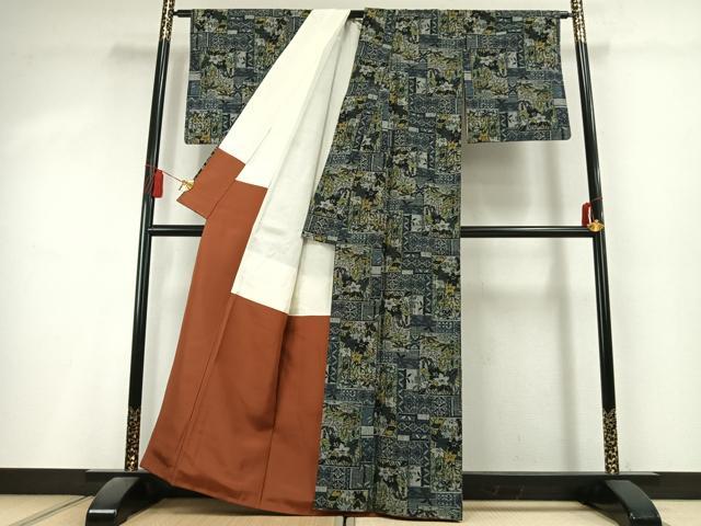 平和屋着物●本真綿結城紬 色紙重ね花文 反端付き 正絹 逸品 AABL3002fy