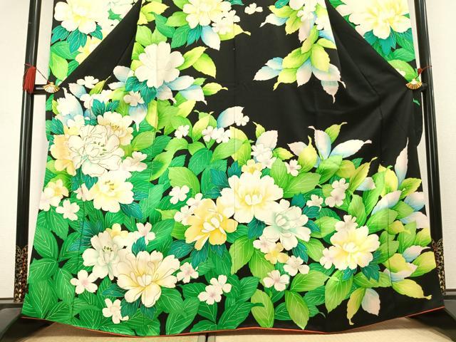 平和屋着物●豪華振袖 駒刺繍 草花文 黒地 金彩 正絹 逸品 AABL3021fy