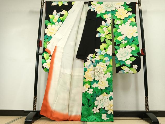平和屋着物●豪華振袖 駒刺繍 草花文 黒地 金彩 正絹 逸品 AABL3021fy
