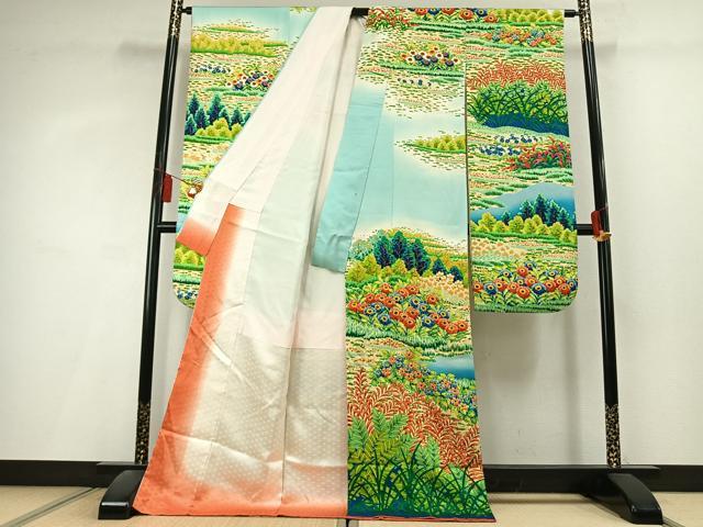 平和屋着物●豪華振袖 刺繍 風景花文 暈し染め 正絹 逸品 AABL3022fy