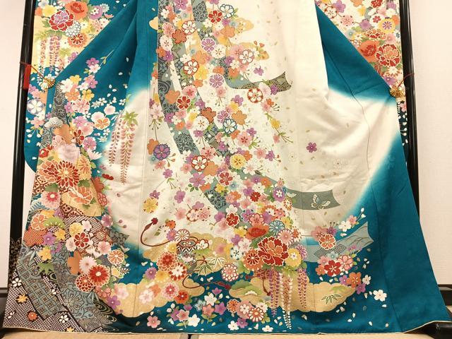 平和屋着物●豪華振袖 駒刺繍 草花文 暈し染め 金彩 銀通し地 正絹 逸品 AABL3034fy