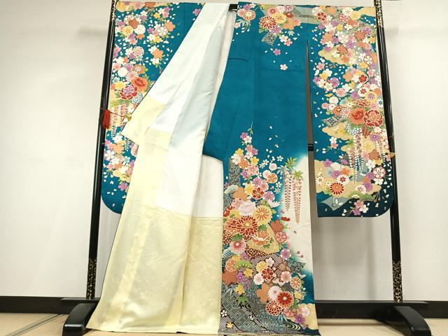 平和屋着物●豪華振袖 駒刺繍 草花文 暈し染め 金彩 銀通し地 正絹 逸品 AABL3034fy