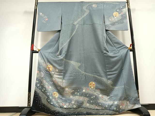平和屋着物●訪問着 絞り 雪輪花文 暈し染め 金彩 正絹 逸品 AABL3046fy