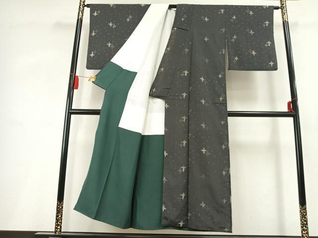 平和屋着物▼上質な紬 印伝 十字絣 正絹 逸品 AABL3055fy